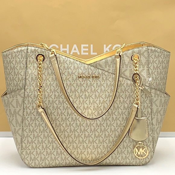 MICHAEL KORS LARGE X CHAIN SHOULDER TOTE BAG PALE GOLD COLOR - Picture 4 of 16